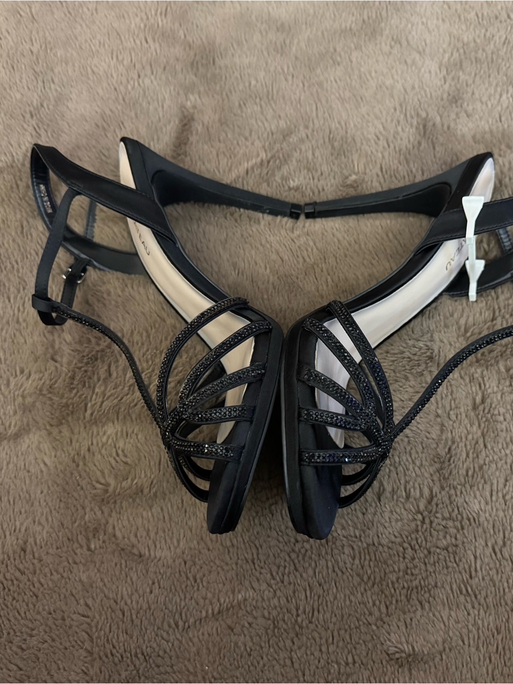 le chateau Brand New Sparkle Crystal Black Strappy T‑Bar Evening Satin Heels - Picture 6 of 15